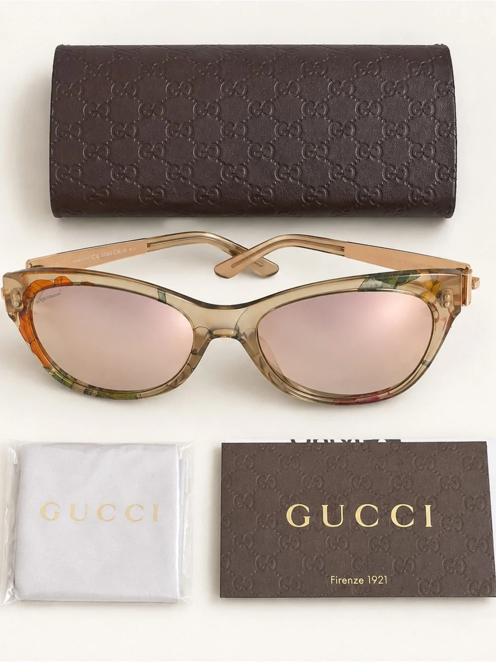 NEW Gucci Tortoiseshell Cat-Eye Sunglasses w/ Rose Gold mirrored Lenses GG373 S